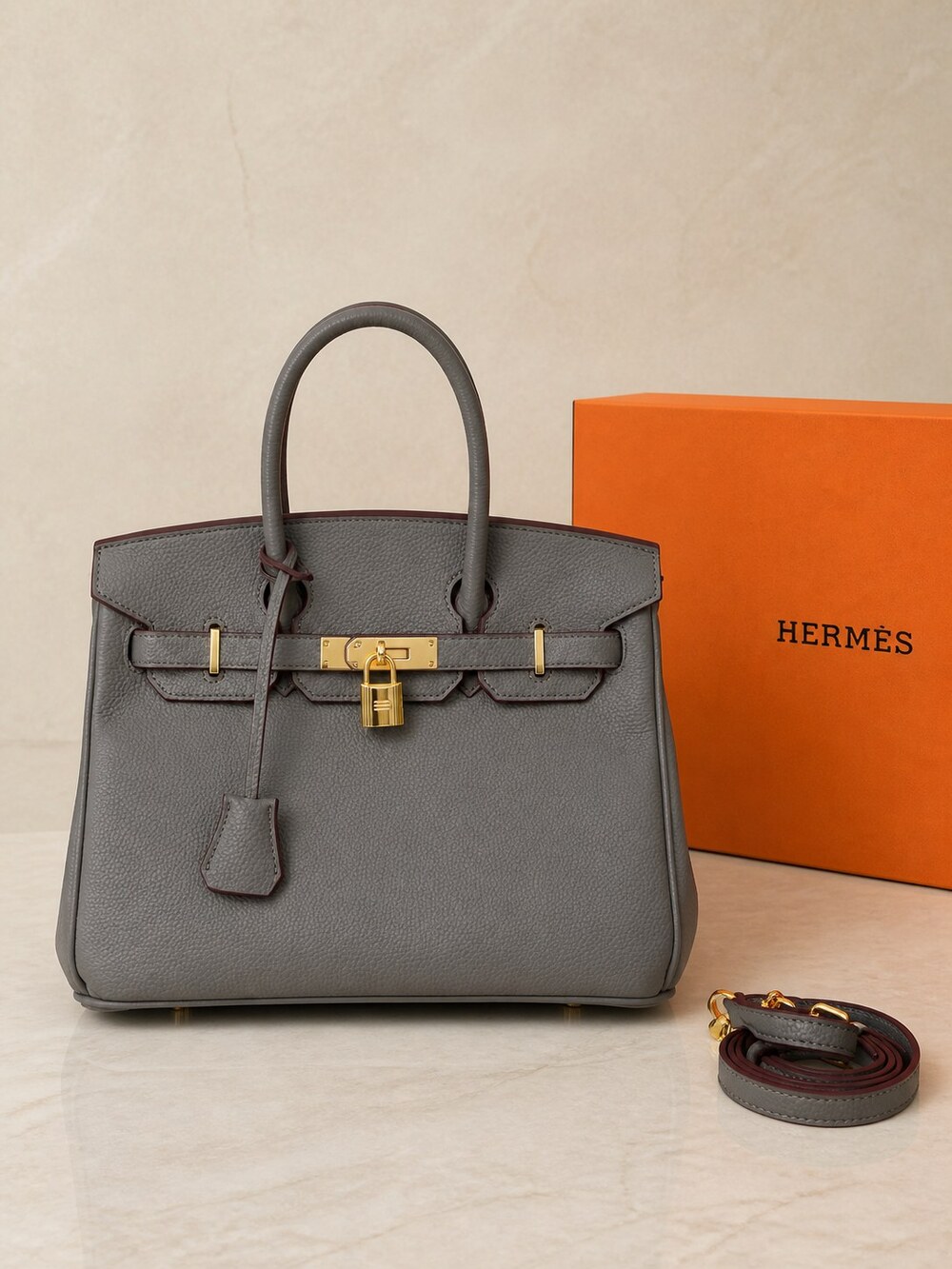 Hermes Gris Meyer Togo Leather Top Handle Handbag | Birkin 25